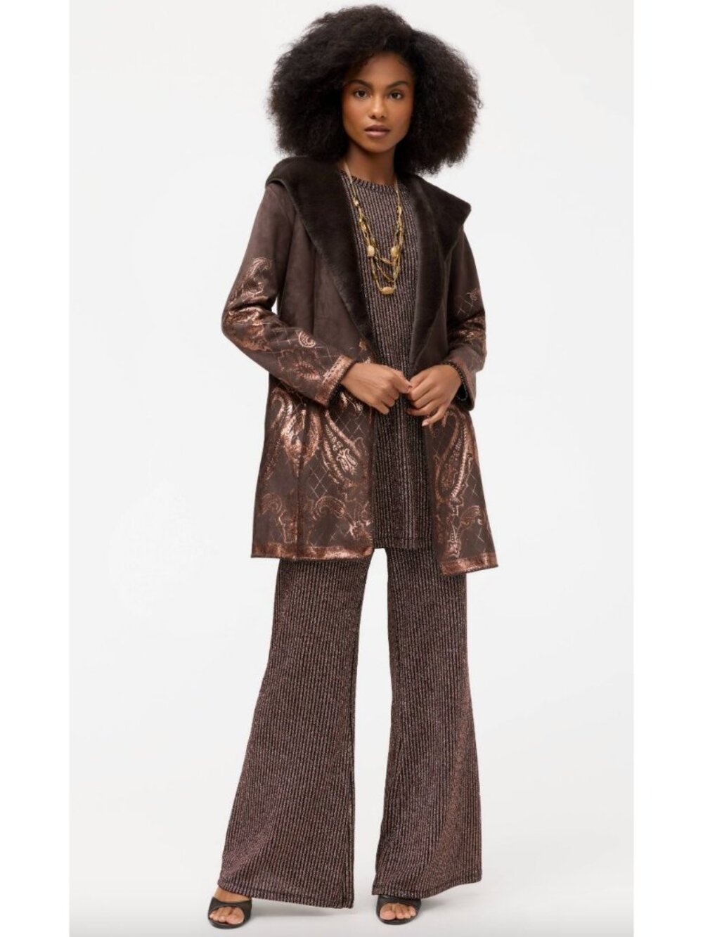Johnny Was $398 Lasei Faux Suede Fur Coat Hooded Duster Brown Bronze Medium 90s